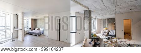 Room With Unfinished Walls And A Room After Repair. Before And After Renovation In New Housing.