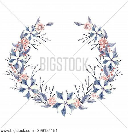 Winter Wreath With Red And White Flowers, Berries, Snow-like, Sharp-faced And Decorative Twigs. Wate