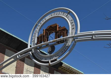 Chicago, Il April 21, 2020, Stockyards Industrial Park Entrance Arch Under A Clear Blue Sky