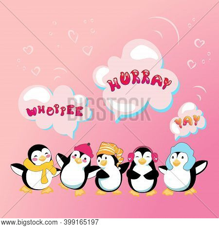 Best Wishes Card With Cute Cartoon Penguins. Funny Happy Friends Are Happy To Express Their Joy. Vec