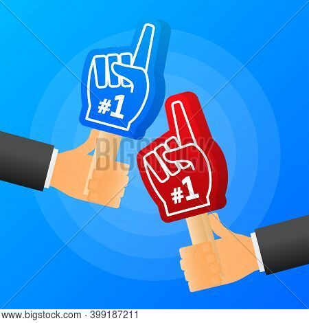 Hands Hold Red And Blue Of Handsome Fan Hand Glove With Foam Finge. Vector Illustration.