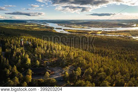 Panoramic View Of Aavasaksa Mountain With Its Tower And Bridge That Connects Finland And Sweden In T