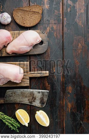 Crispy Garlicky Chicken Raw Ingredients With Butcher Knife On Dark Wooden Background, Top View With 