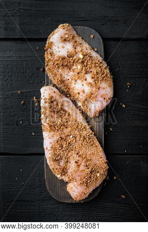 Crispy Garlicky Chicken Raw Ingredients, On Black Wooden Background, Top View