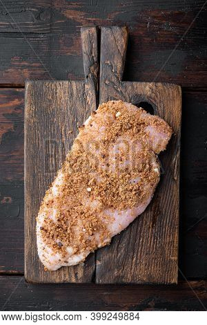 Crispy Garlicky Chicken Raw Ingredients On Wooden Table, Flat Lay