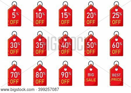 Sale Tags Set Vector Badges Template, 5, 10 Off, 15 , 20, 25, 30, 35, 40, 50, 60, 70 Percent Sale La