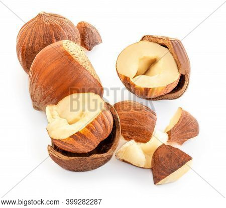 Whole And Crushed Hazelnutss Isolated On White Background. Creative Food Layout. Hazelnuts Macro.