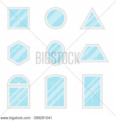 Set Of Shiny Windows Icon. Template Design Of Architectural Interior And Exterior Detail. Various Ty