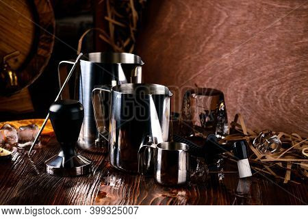 Set Of Stainless Steel Milk Pitchers Jugs. Foaming Jug. Latte Art For Barista. Coffee Accessories. B