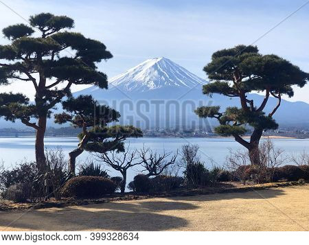 Beautiful View Of  Mountain Fuji And Lake Kawaguchiko In Japan