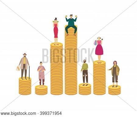 Poor And Rich People On Stacks Of Coins Flat Vector Illustration Isolated.