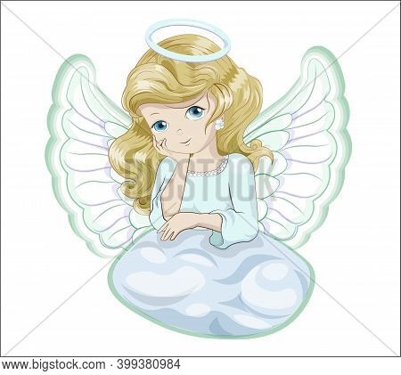 Christmas Angel On Cloud, New Year Symbol, Picture In Hand Drawing Cartoon Style, For Greeting Card,
