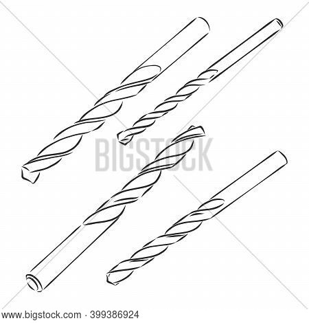 Drills. Set Of Drilling Tools For Metal And Wood. Sketch And Illustration Of Augers. Vector Technica