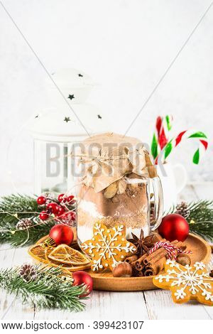 Cookies In The Jar. Ingredients For Christmas Baking. Idea For Christmas Present.