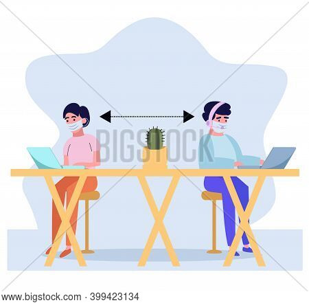 Social Distance In The Office. New Safe Work Standards. Man And Woman Workers, Sitting And Working A
