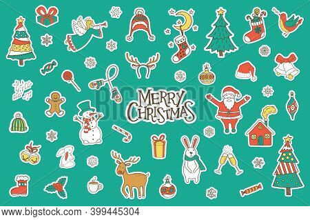 Merry Christmas Color Stickers Set. Vector Illustration