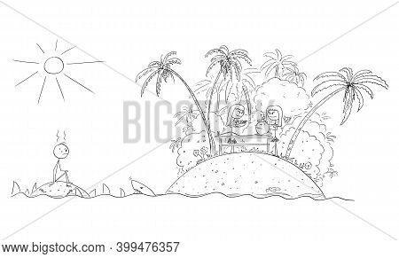Vector Cartoon Stick Figure Illustration Of Frustrated Man Sitting Alone On Small Deserted Island, S