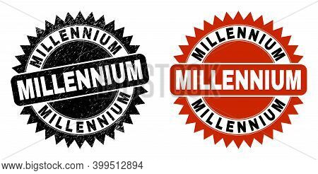 Black Rosette Millennium Stamp. Flat Vector Scratched Stamp With Millennium Caption Inside Sharp Sta