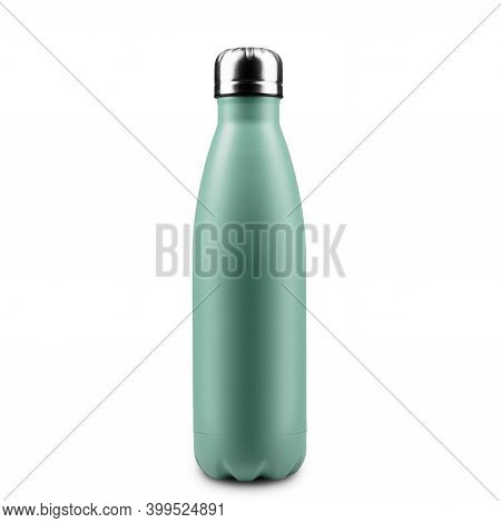Close-up Of Reusable Steel Thermo Water Bottle Isolated On White Background. Tidewater Green Of Colo