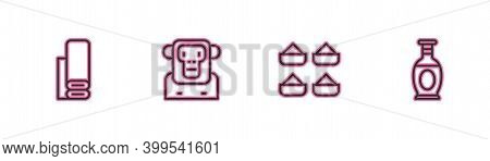 Set Line Indian Textile Fabric, Monkey And Vase Icon. Vector