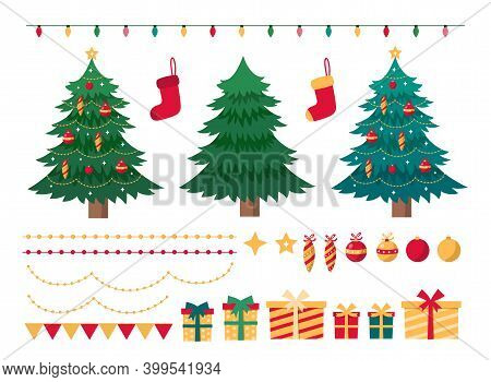 Set Of Christmas Elements For Festive Design. Christmas Trees,  Gift Boxes, Balls, Sock, Garlands, I