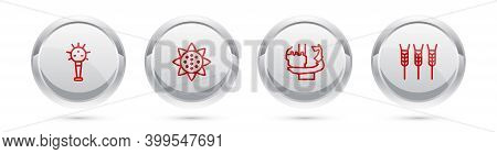 Set Line Mace, Sunflower, Monument To Founders Of Kiev And Wheat. Silver Circle Button. Vector