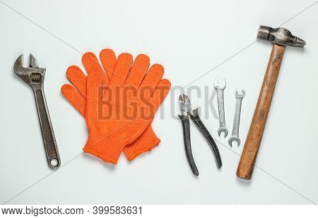 Set Of Professional Work Tools On A White Background. Top View