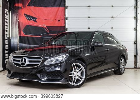Novosibirsk, Russia - 11.30.2020: Close-up On A Car Mercedes E-class Body Standing Inthe Garage Box 