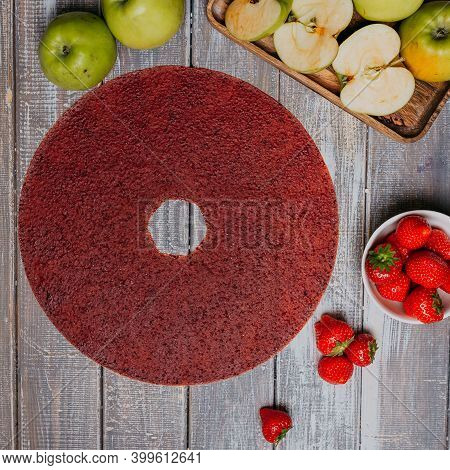 Strawberry Fruit Leather With Fresh Fruits On The Wooden Table. Round Fruit Leather. Healthy Food. A