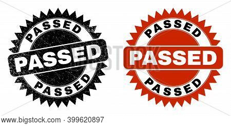 Black Rosette Passed Seal. Flat Vector Textured Seal With Passed Message Inside Sharp Rosette, And O