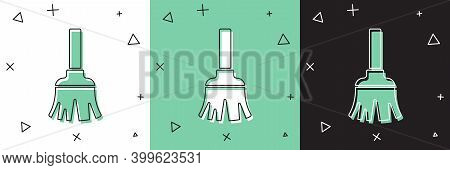 Set Feather Broom For Cleaning Icon Isolated On White And Green, Black Background. Feather Duster. V