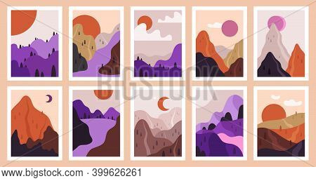 Contemporary Outdoor View. Abstract Minimalist Landscapes, Modern Nature Scenes. Mountain, River And