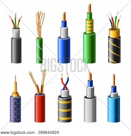 Electrical Copper Cable. Set With Varieties Of Electric Wire. Connection Cable Power Colored For Net
