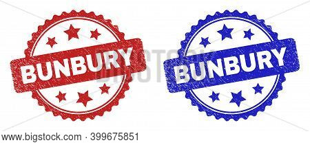 Rosette Bunbury Seal Stamps. Flat Vector Textured Seal Stamps With Bunbury Caption Inside Rosette Wi