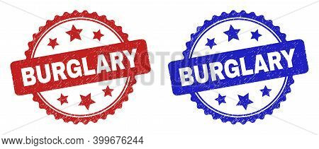 Rosette Burglary Watermarks. Flat Vector Grunge Watermarks With Burglary Phrase Inside Rosette Shape