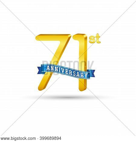 71St Golden Anniversary Logo With Blue Ribbon Isolated On White Background. 3D Gold Anniversary Logo