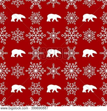 Seamless Chechered Winter Pattern With White Snowflakes And Polar Bears .