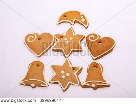 Christmas Homemade Gingerbread Cookies On White Background. Christmas Home Baking