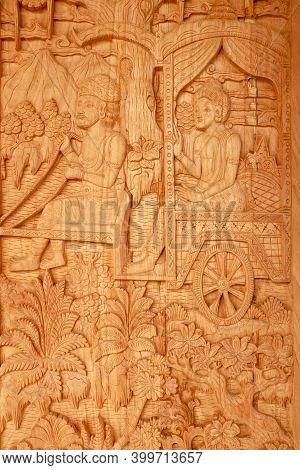 Balinese Wood Carved Doors With Traditional Local Ornaments. Local Traditions And Craftmanship Conce
