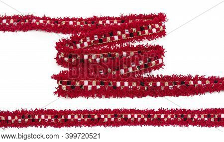 Red Cotton Tweed Keeper Twill Fringe Terry Textured Tape Ribbon Stripe And Fold Zigzag With Shiny Me