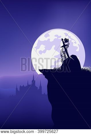 Legendary Excalibur Sword In Stone With Castle Silhouette In The Background - Fairy Tale Night Scene