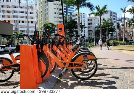 Salvador, Bahia, Brazil - December 14, 2020: Shared Bicycle Rental Station In Barra District In The 