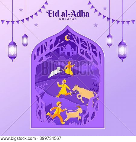 Eid Al-adha Greeting Card Concept Illustration In Paper Cut Style With Kids Bring Goat, Sheep, And C