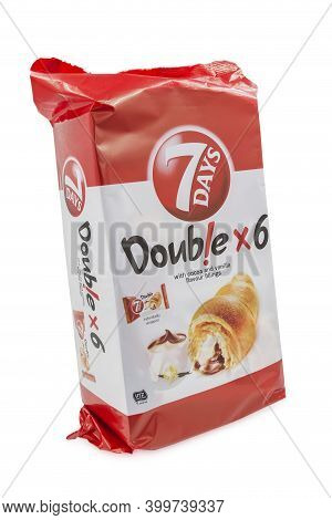Pula, Croatia - December 10, 2020: 7days Packaged Croissant With Cocoa And Vanilla Cream Filling Pro