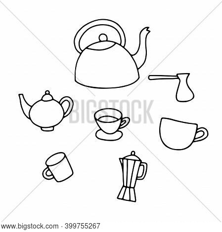 Doodle Hand Drawn Teapot Set. Outline Kettle, Cup, Moka, Turka On White Background. Cozy Kitchen Ute