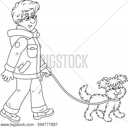 Young Man In Winter Clothes Walking In A Good Mood With His Cheerful Shaggy Dog, Black And White Out