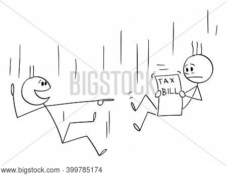Cartoon Stick Figure Illustration Of Two Men Or Businessmen Falling Down, One Is Frustrated By Tax B