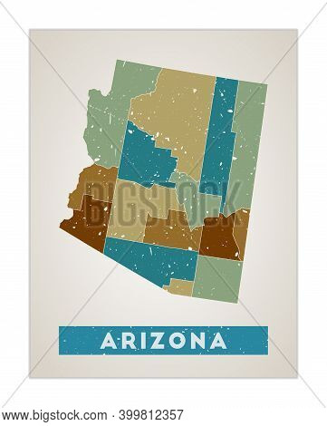 Arizona Map. Us State Poster With Regions. Old Grunge Texture. Shape Of Arizona With Us State Name.