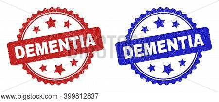 Rosette Dementia Seal Stamps. Flat Vector Grunge Seal Stamps With Dementia Title Inside Rosette Shap