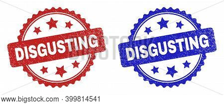 Rosette Disgusting Watermarks. Flat Vector Textured Stamps With Disgusting Title Inside Rosette With
